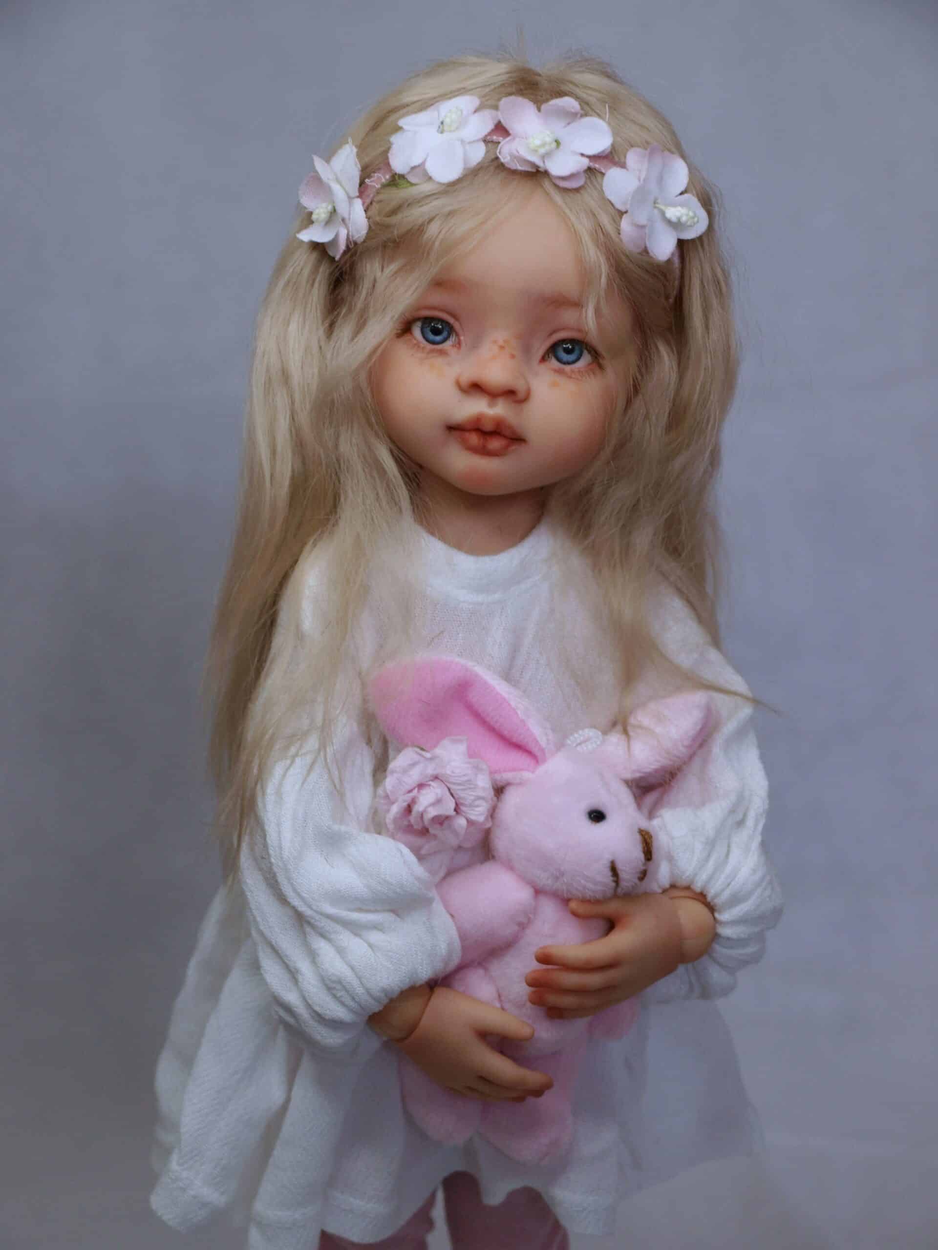 paola reina ooak doll with pink bunny custom